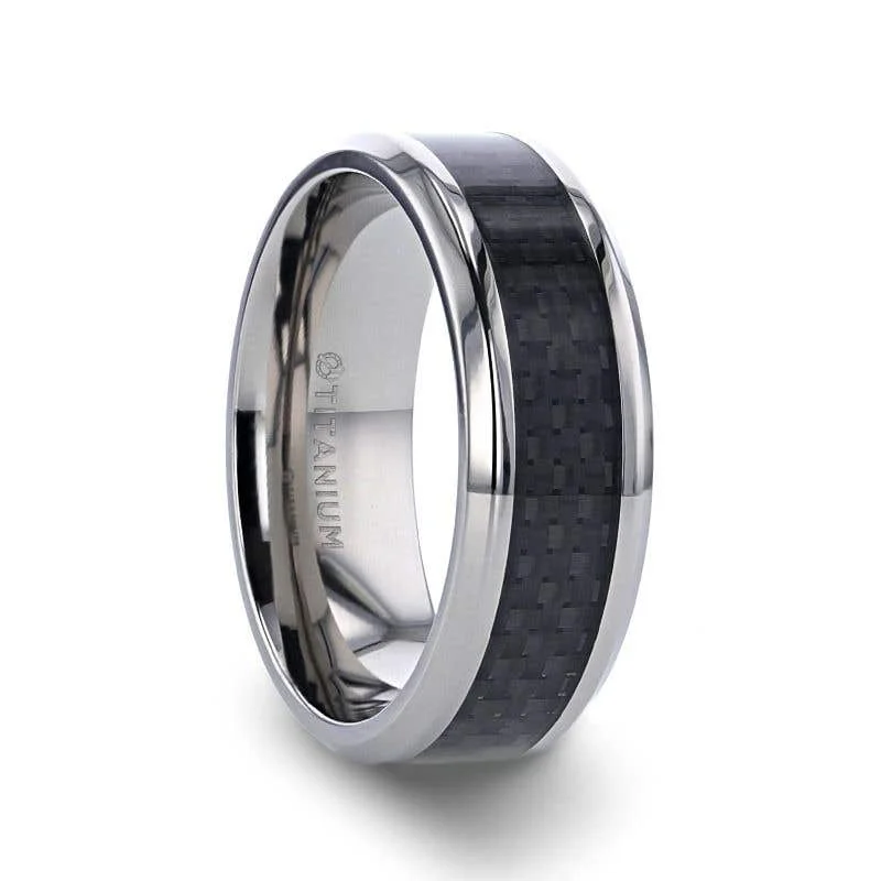 Gorgeous Cocktail Rings For Glamorous Nights-Thorsten COLOSSEUM Black Carbon Fiber Inlay Titanium Wedding Band - 8mm