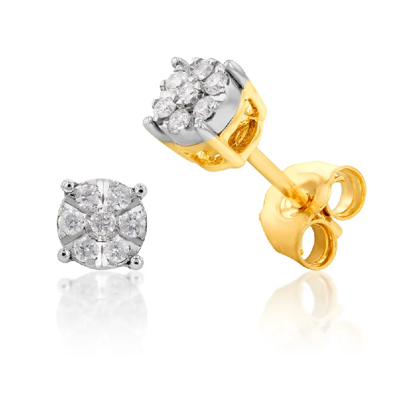 Luxury Earrings For Fine Occasions-9ct Yellow Gold Diamond Stud Earrings With 14 Brilliant Diamonds