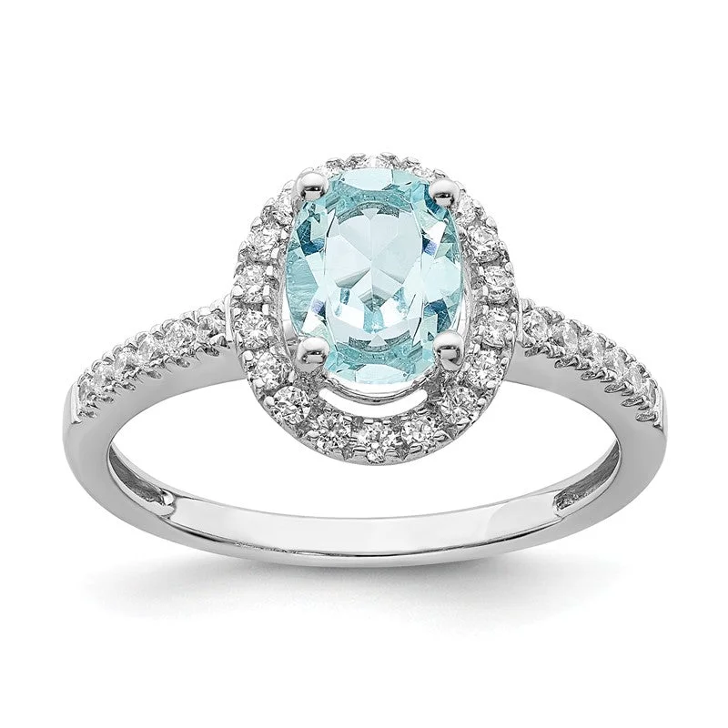 Personalized Gemstone Rings For Custom Designs-14k White Gold Aquamarine Oval Diamond Halo Engagement Ring