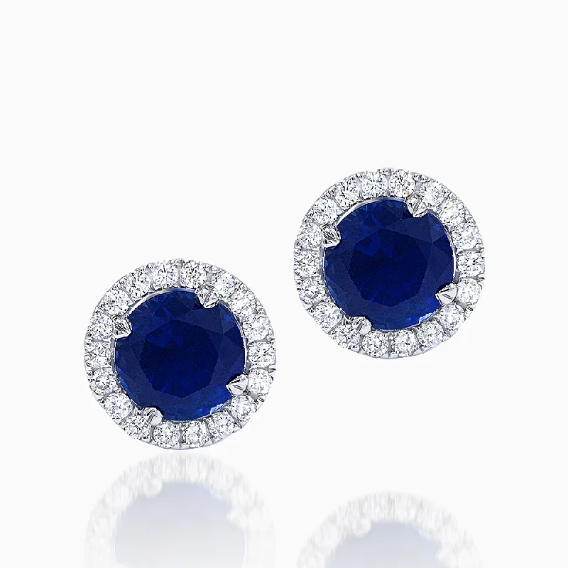 Sophisticated Earrings For Work Wear-Blue Sapphire & Diamond Halo Stud Earrings in 14kt Gold