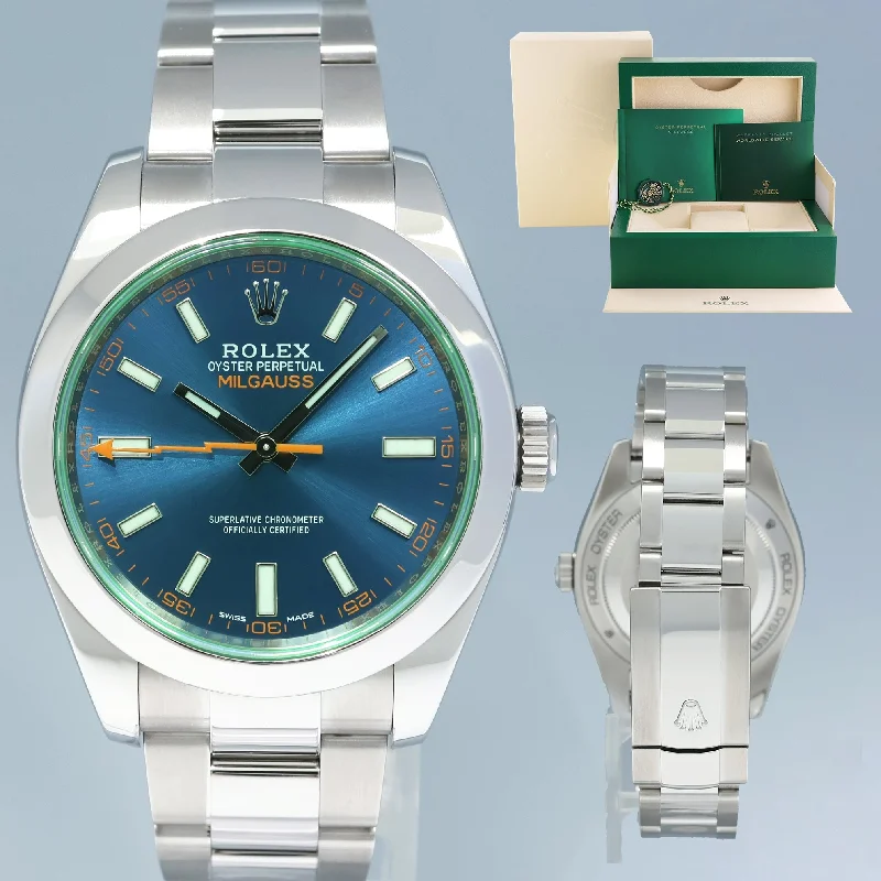 Fashionable Fitness Watches For Health Tracking-MINT 2020 Rolex Milgauss Blue Anniversary Green 116400GV Steel 40mm Watch Box