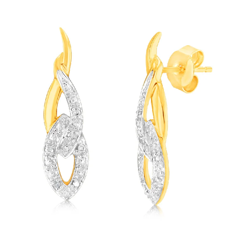 Bold Earrings For Confident Women-9ct Yellow Gold Twisted Drop Earrings in 12 Diamonds