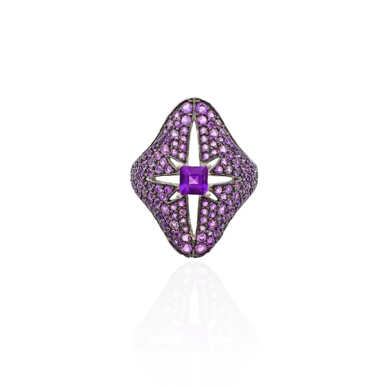 Custom Engagement Rings For Personalized Glam-Purple Starburst CZ Ring (Silver).