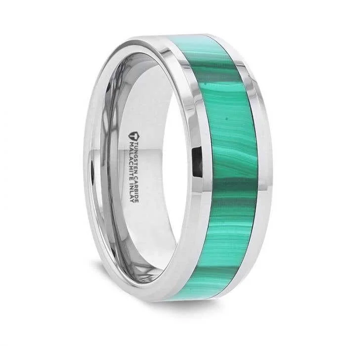 Custom Wedding Bands For Unique Vows-Thorsten MAHI Malachite Inlay Tungsten Carbide Ring with Polished Beveled Edges - 8mm