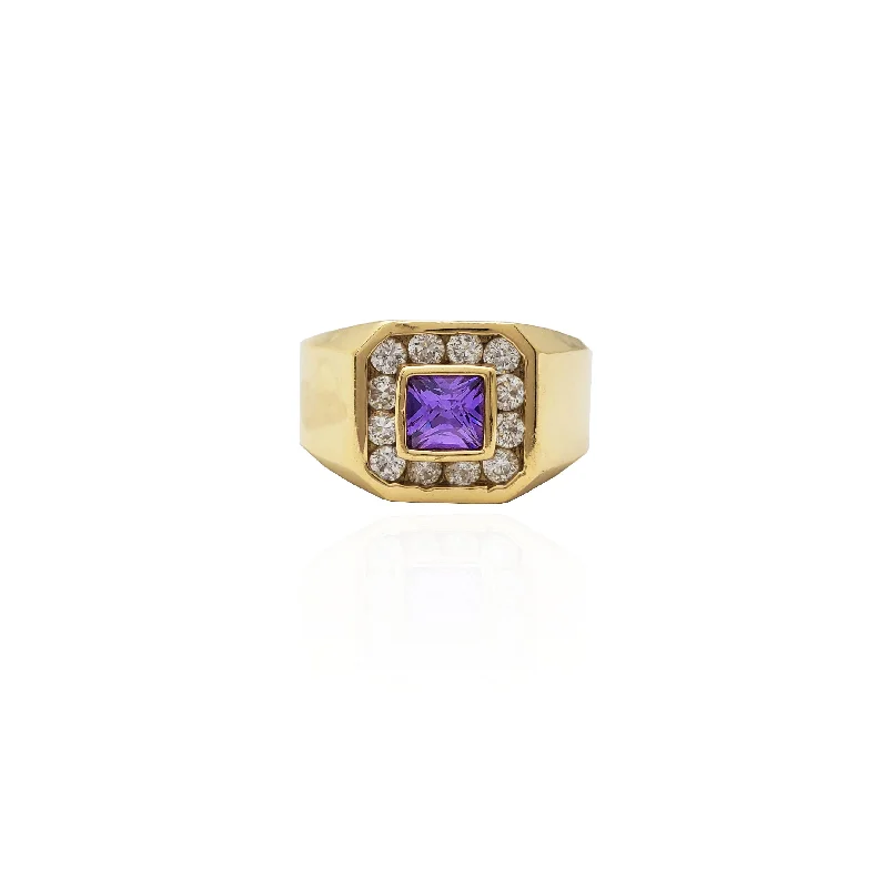 Luxury Diamond Rings For Elegant Brides-Bezel Set Square Purple Stone Halo CZ Ring (14K).