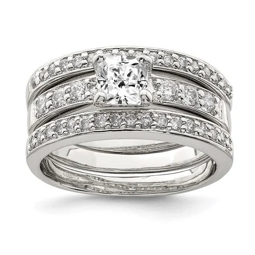 Beautiful Stackable Rings For Layered Looks-Sterling Silver 3-Piece CZ Square Wedding Ring Set