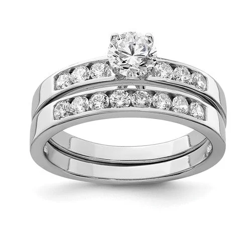 Trendy Stackable Engagement Rings For Chic Brides-Sterling Silver CZ Round Two Piece Channel Set Wedding Rings Set