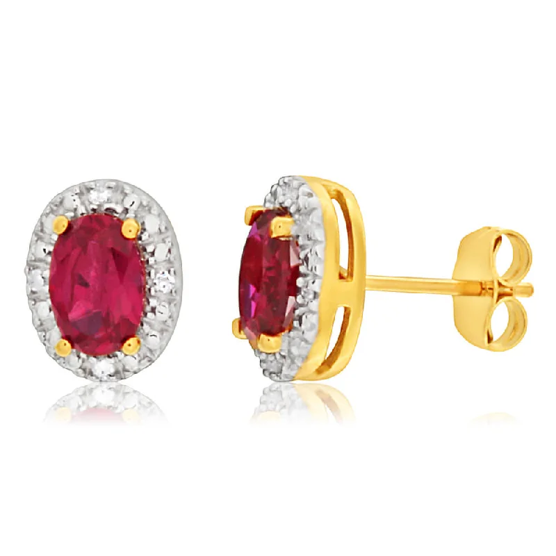 Double Hoop Earrings For Fashion Forward Looks-9ct Yellow Gold Created Ruby + Diamond Stud Earrings