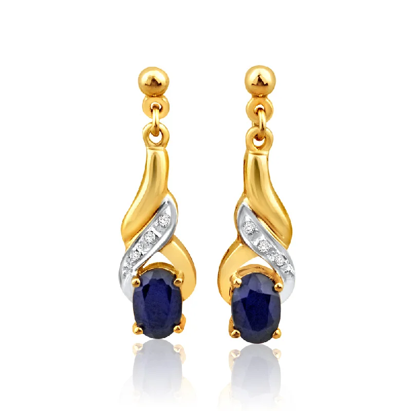 Sparkling Diamond Earrings For Weddings-9ct Alluring Yellow Gold Natural Sapphire and Diamond Drop Earrings