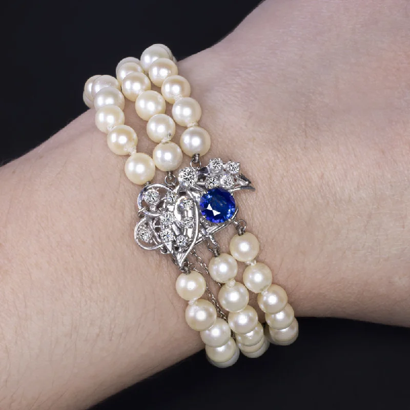 Stunning Opal Bracelets For Vibrant Fashion-VINTAGE PEARL SAPPHIRE DIAMOND BRACELET MID CENTURY RETRO 14k WHITE GOLD BLUE