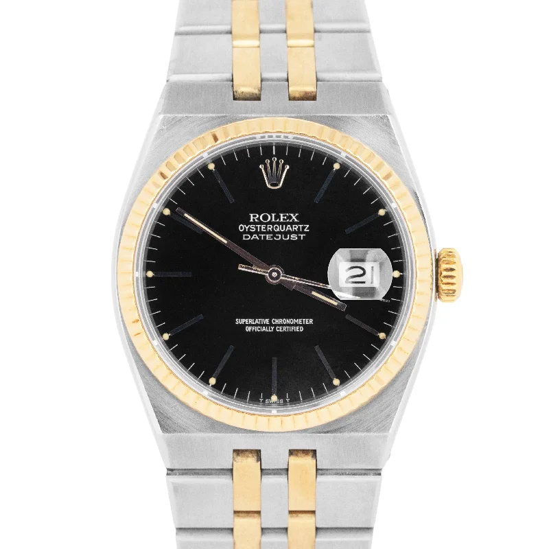 Elegant Designer Watches For Fashion Enthusiasts-MINT Rolex Oysterquartz DateJust 36mm Black Two-Tone 18K Yellow Gold Watch 17013