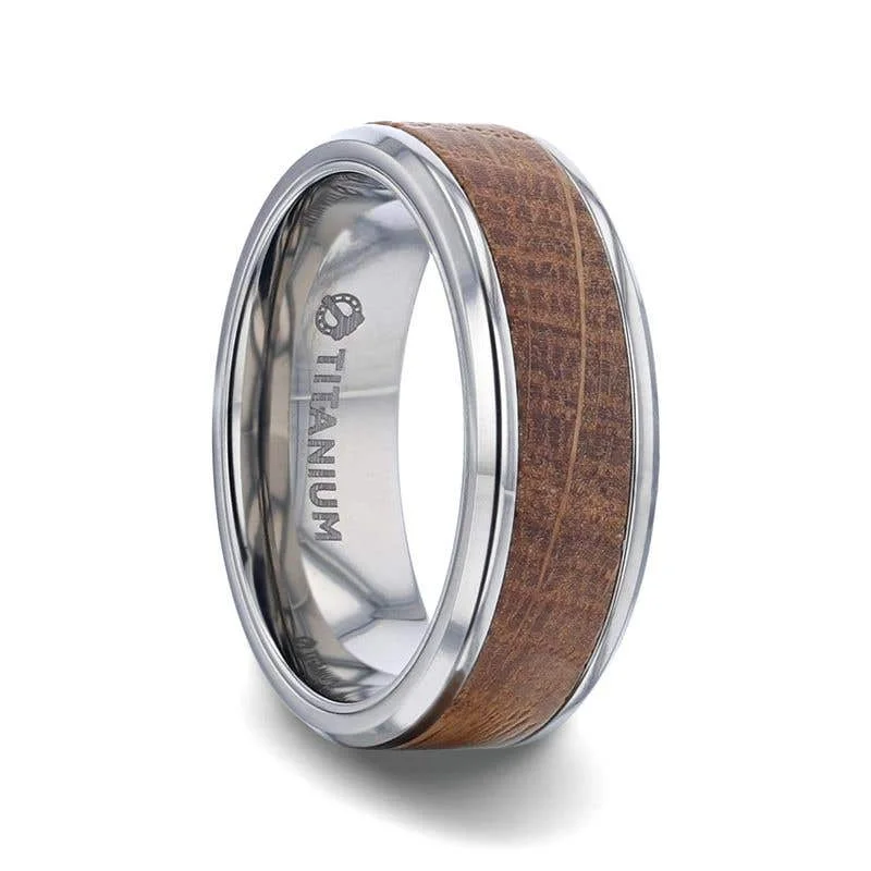 Simple Engagement Rings For Subtle Beauty-Thorsten CASK Whiskey Barrel Wood Inlaid Titanium Men's Wedding Band With Beveled Polished Edges Made From Genuine Whiskey Barrels - 8mm