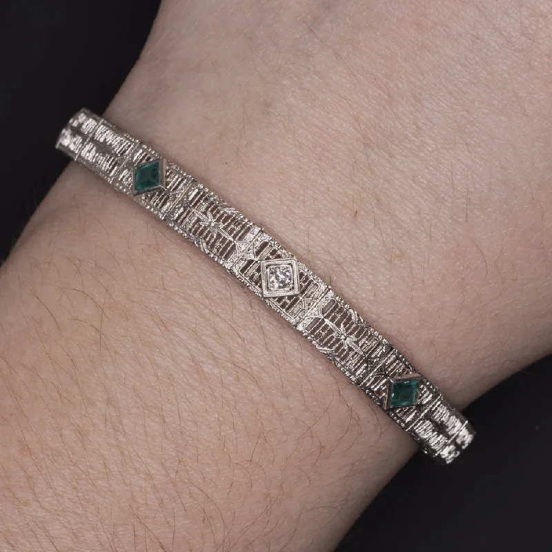 Custom Birthstone Bracelets For Meaningful Jewelry-VINTAGE DIAMOND EMERALD 14k WHITE GOLD BRACELET FILIGREE ART DECO GREEN ESTATE