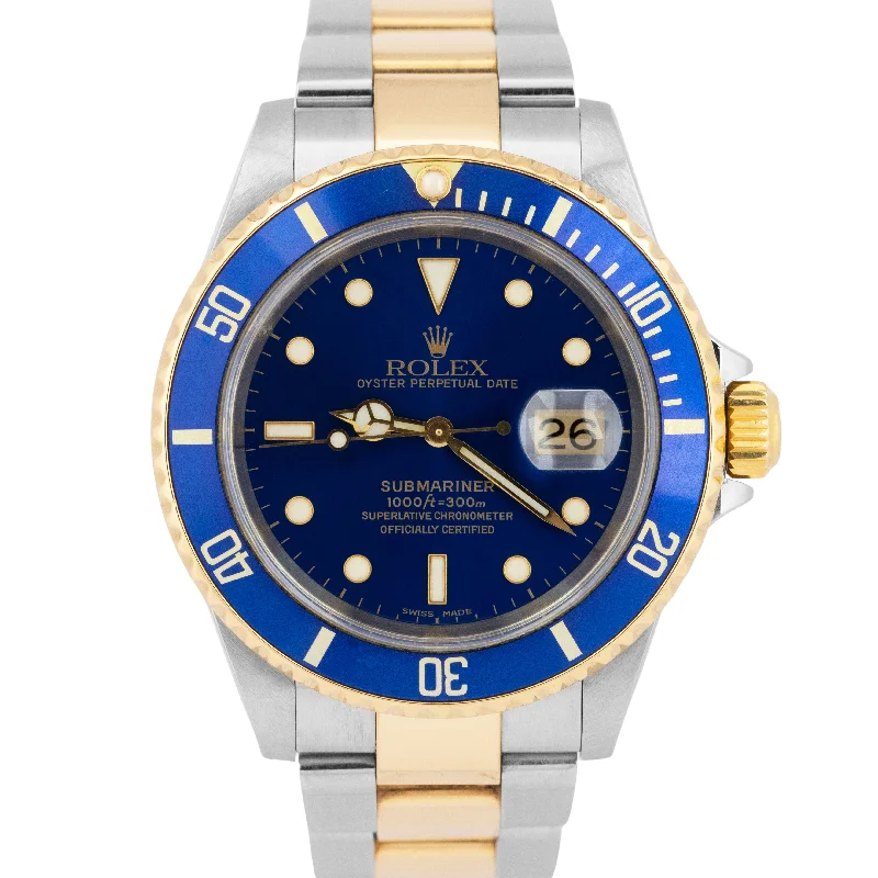 Beautiful Silver-Plated Watches For Elegant Fashion-MINT PAPERS Rolex Submariner Date 40mm NO-HOLES 18K GOLD BUCKLE Blue 16613 BOX