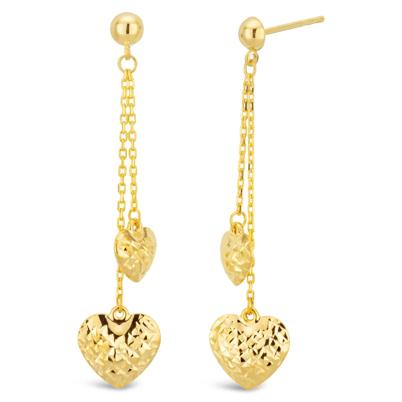 Unique Earrings For Gift Ideas-9ct Yellow Gold Filled Double Sided Diamond Cut 2x Heart Drop Earrings