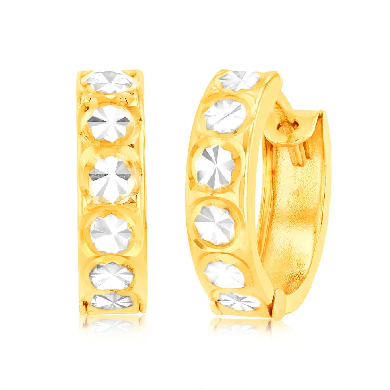 Silver Cluster Earrings For Elegant Appeal-9ct Yellow Gold Huggie Hoop Earrings with diamond cut feature with Rhodium