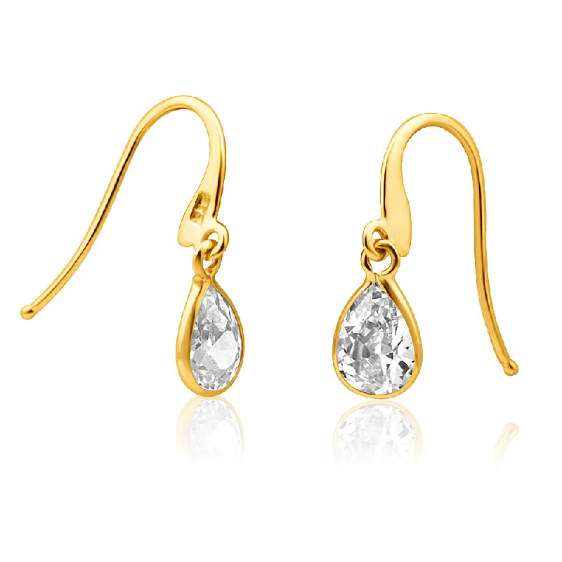 Silver Earrings For Everyday Glam-9ct Yellow Gold Zirconia Pear Drop Earrings