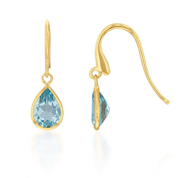 Vintage Style Earrings For Classic Looks-9ct Alluring Yellow Gold Blue Topaz Drop Earrings