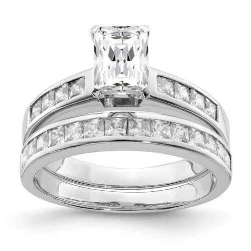 Unique Custom Rings For Fashion-Forward Style-Sterling Silver 2-Piece CZ Radiant with Square Channel Set Wedding Ring Set