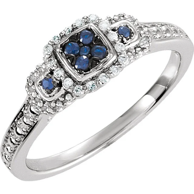 Simple Wedding Bands For Elegant Vows-Sterling Silver Blue Sapphire & .06 CTW Diamond Multi Stone Halo Ring