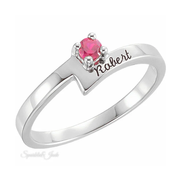 Luxury Silver Rings For Sophisticated Glam-Engraved One-Stone Mother's Birthstone Ring