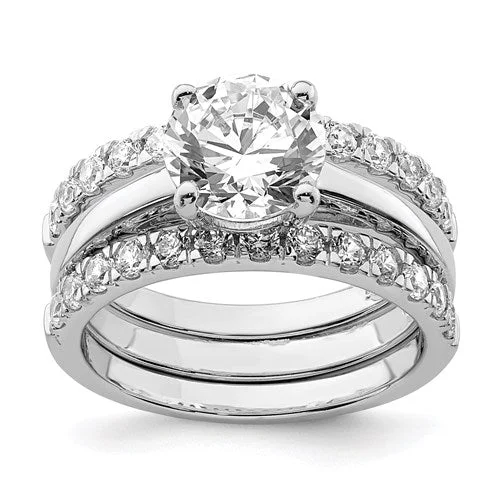 Simple Silver Rings For Everyday Glam-Sterling Silver 3-Piece CZ 8mm Round Wedding Ring Set