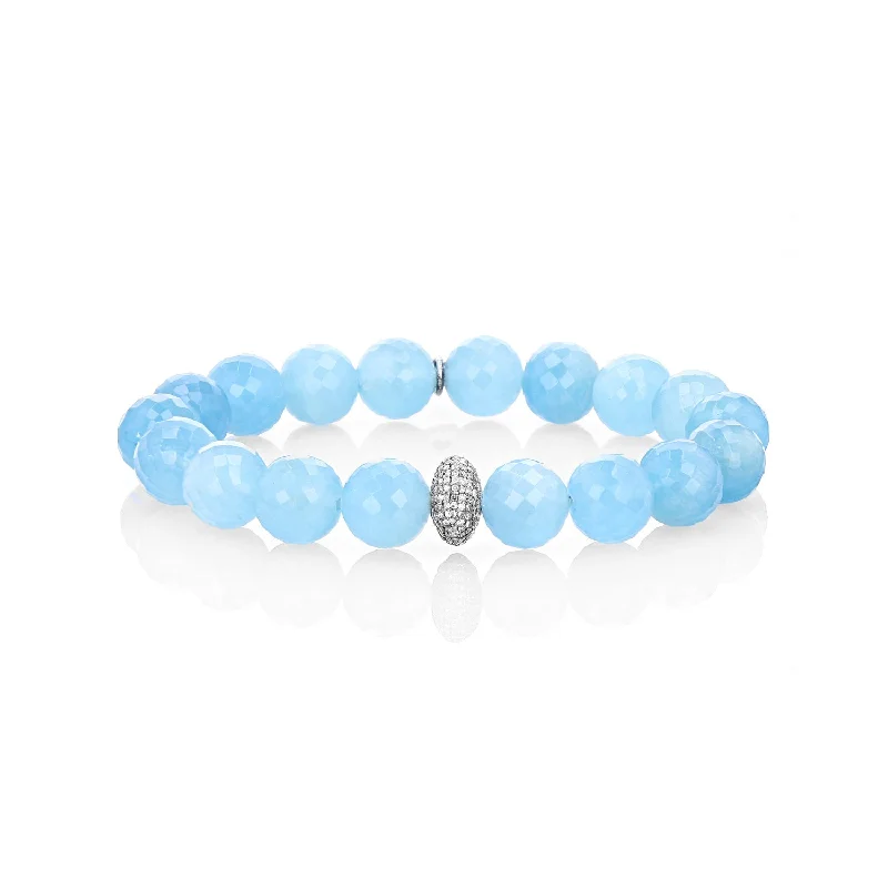 Custom Gemstone Bracelets For Personal Style-Aquamarine Faceted Bracelet with Diamond Donut - 10mm  B0001914