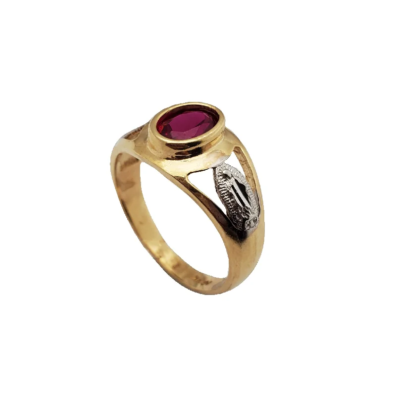 Custom Birthstone Rings For Thoughtful Gifts-Virgin Mary Bezeled Red Gemstone Ring (14K)