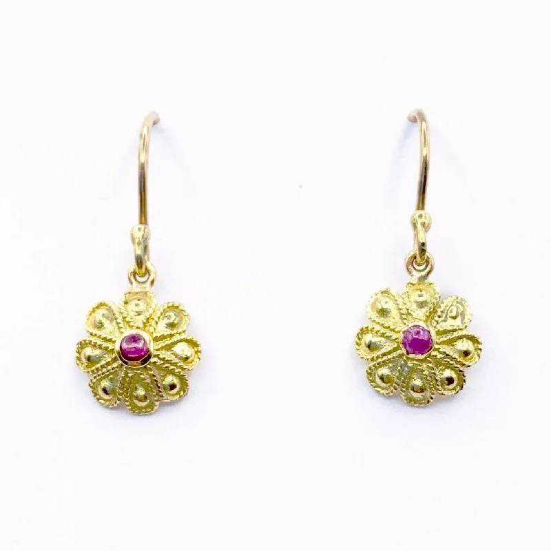 Large Hoops Earrings For Trendy Style-Golden Flowers with Ruby Centers