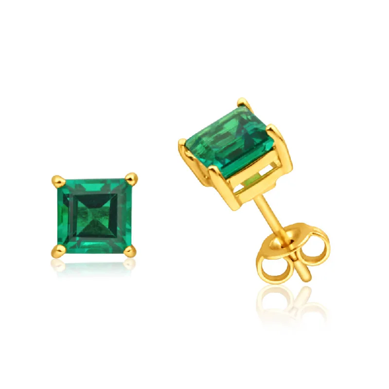 Dazzling Earrings For Party Time-9ct Yellow Gold Created Emerald Stud Earrings