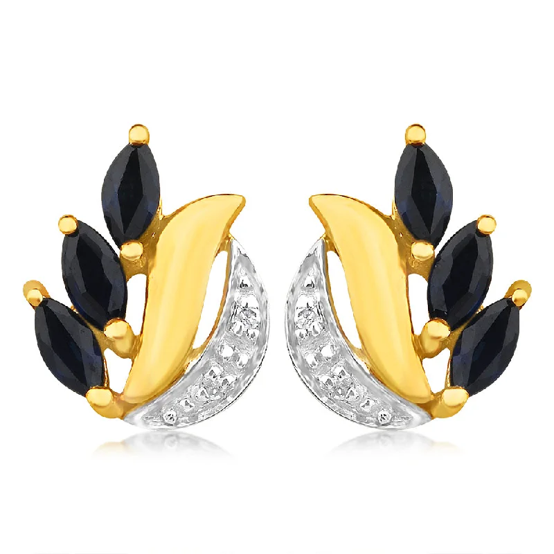 Statement Silver Earrings For Fashion Impact-Natural Marquise Cut Dark Sapphire 0.13ct Diamond Stud Earrings in 9ct Yellow Gold