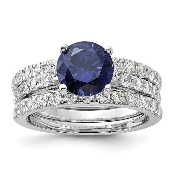 Beautiful Stackable Rings For Layered Looks-Sterling Silver 3-Piece Blue CZ 8mm Round Wedding Ring Set