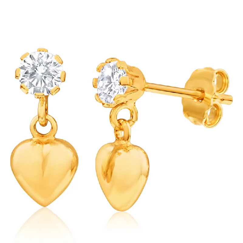 Whimsical Earrings For Fun Vibes-9ct Yellow Gold Silver Filled Cubic Zirconia Heart Drop Earrings