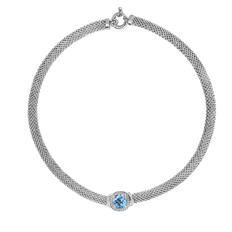 Sterling Silver 17 inches with Rhodium Finish 8mm Shiny Fancy Popcorn Necklace with Spring Ring Clasp+0.1100ct White Diamond+5.1800ct 10x10mm Cushion Blue Topaz