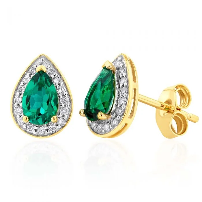 Colorful Drop Earrings For Bright Fashion-9ct Yellow Gold 6x4mm Created Emerald and Diamond Pear Halo Stud Earrings