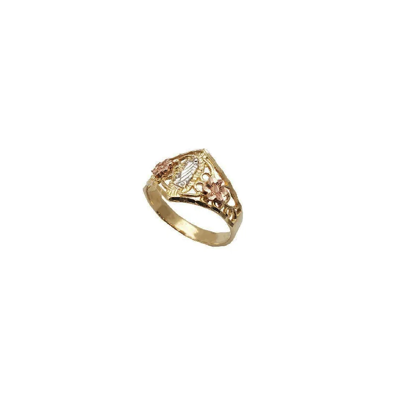 Simple Stackable Rings For Elegant Style-Tricolor Floral Accent Virgin Mary Ring (14K)