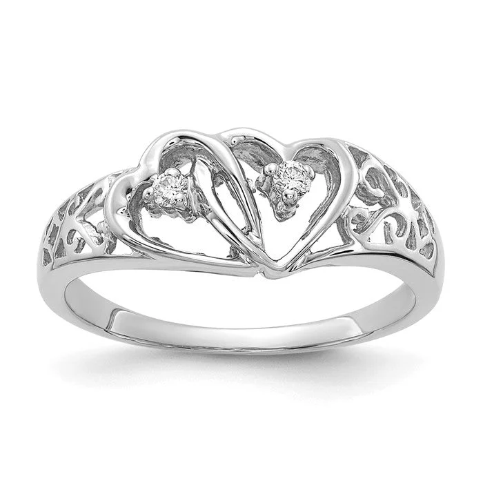 Classic Wedding Rings For Lasting Love-14k White Gold Diamond 2 Stone Filigree Double Heart Ring