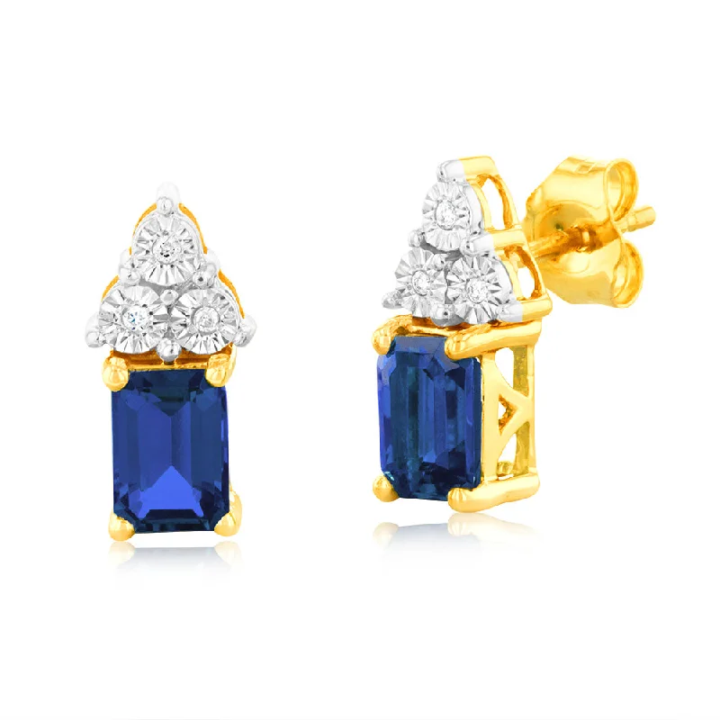 Vintage Gold Earrings For Old-World Charm-9ct Yellow Gold 6mm Created Sapphire And Diamond Stud Earrings