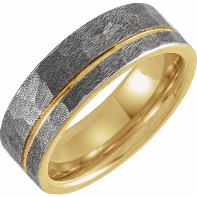 Timeless Engagement Rings For Lasting Love-18K Yellow Gold PVD Tungsten 8 mm Grooved Band with Hammer Finish