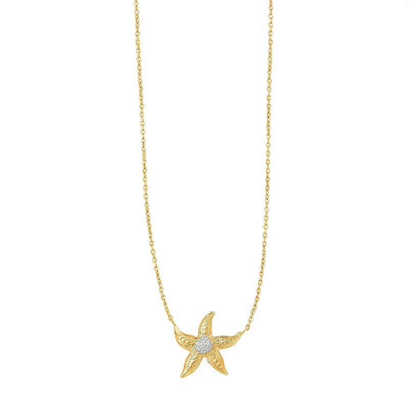 14kt 18 inches Yellow+White Gold Shiny Cable Chain with Lobster Clasp+Starfish Sea Life Necklace