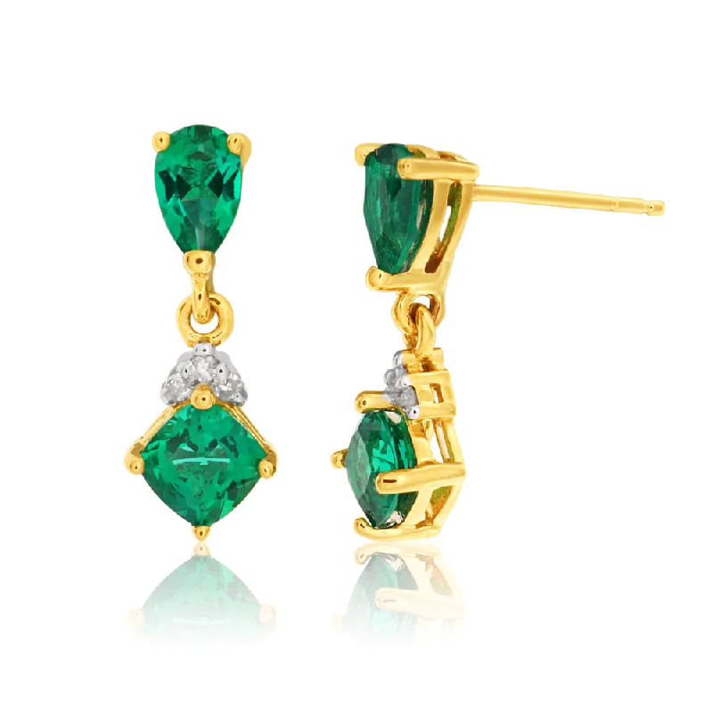 Delicate Earrings For Bridesmaids Gifts-9ct Yellow Gold Created Emerald and Diamond Drop Earrings