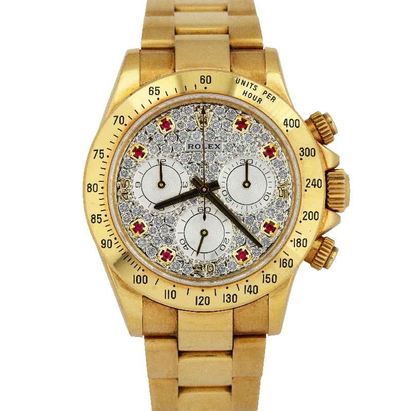 Luxury Watches For Men With Chronograph Functions-Rolex Daytona FACTORY DIAMOND RUBY PAVE 40mm Yellow Gold 116528 Watch BOX PAPERS