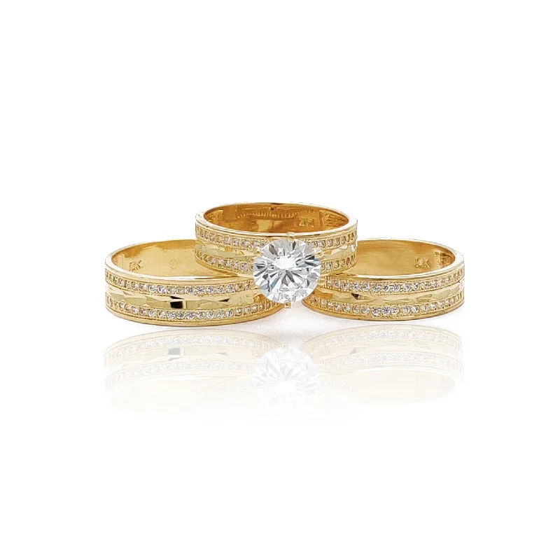 Statement Rings For Bold Fashion Lovers-[Flat-Band] Milgrain Pave Setting Diamond-Cut Three Piece-Set Ring (14K)