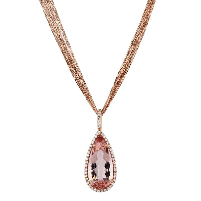 Morganite Pear Shape Pendant Pave Diamond Rose Gold Necklace