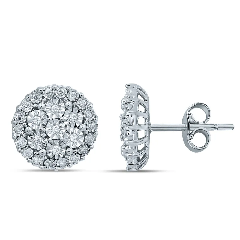 Silver Stud Earrings For Everyday Wear-Silver 1/4 Carat Diamond Stud Earrings with 50 Brilliant Diamonds