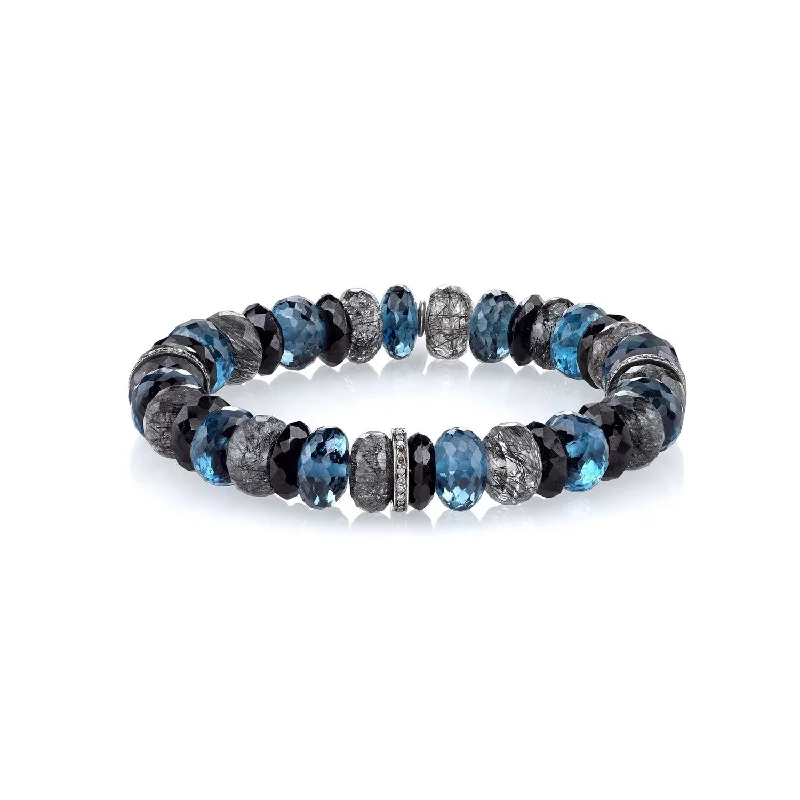 Luxury Multi-Stone Bracelets For High-End Fashion-Mixed London Blue Topaz Bracelet With Three Diamond Rondelles  B0001953