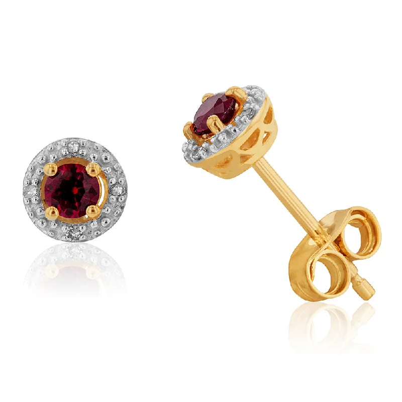 Artistic Earrings For Boho Style-9ct Yellow Gold Created Ruby and Diamond Halo Stud Earrings