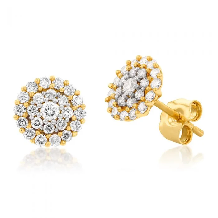 Beautiful Earrings For Bridesmaids-9ct Yellow Gold 1/2 Carat Diamond Cluster Stud Earrings