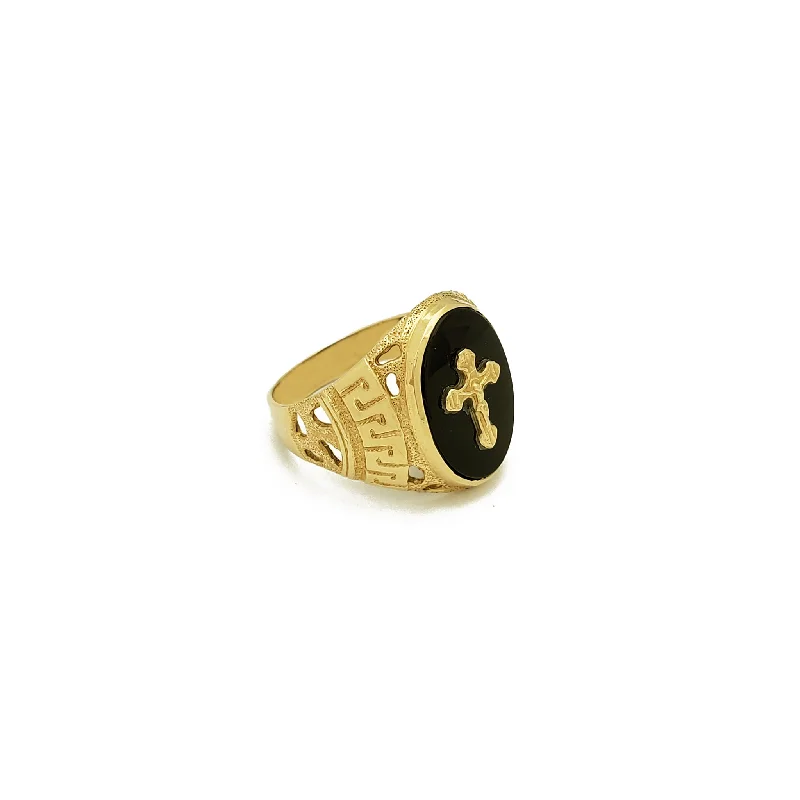 Colorful Engagement Rings For Bold Brides-Greek-key Crucifix Black Onyx Ring (14K)