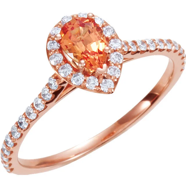 Bold Rose Gold Engagement Rings For Stylish Brides-14k Rose Gold Pear Lab Created Padparadscha Sapphire & Diamond Halo Engagement Ring